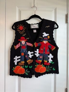 Private Collection Women’s V Neck Fall Embroidered Sweater Vest Halloween Size M